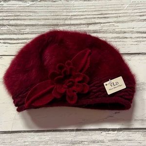 VLD Victorian Leland Designs Burgundy Fur with flower braid trim Beret Hat NEW